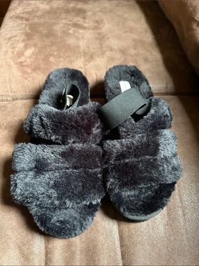Aeropostale Black Faux Fur Slide Slippers with Elastic Strap